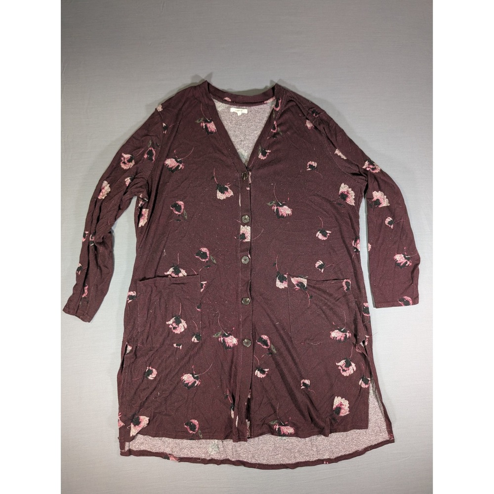 Maurices Burgundy Floral Button Front Longline Cardigan Pockets Size 2